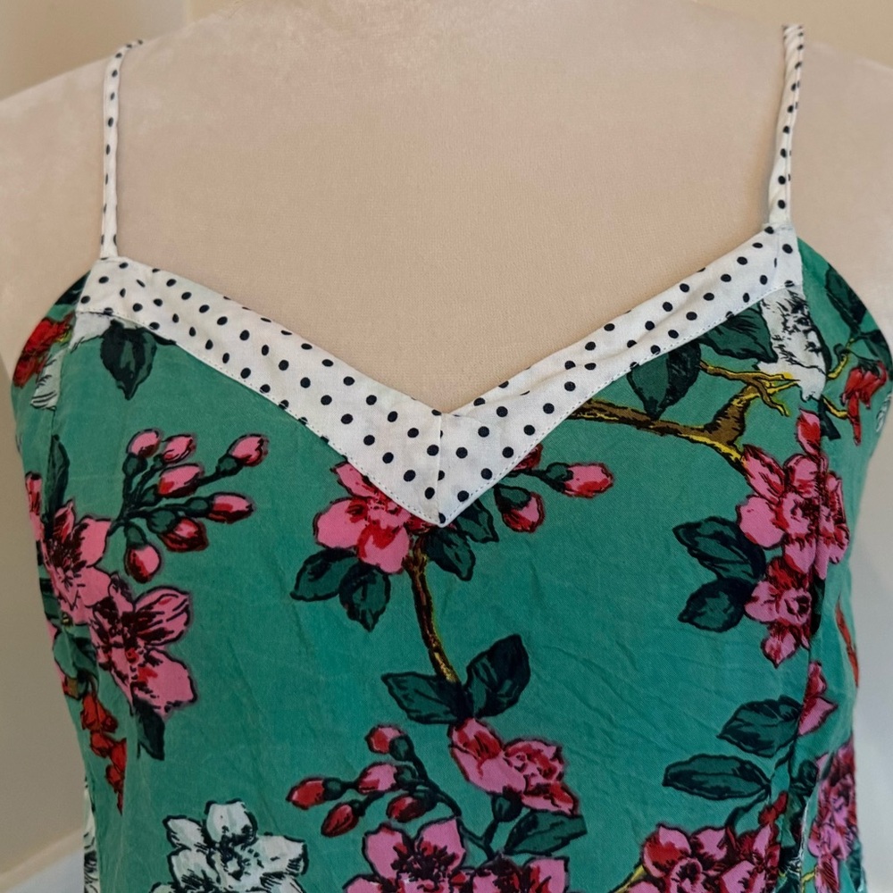 Anthropologie Green w/Pink Floral, Bird Print, Polka Dots Cami Women’s Top — S - Picture 2 of 7
